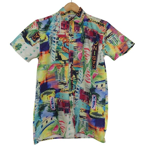 Surf Society City Print Shirt M Funky Y2K Resort Party Coastal Festival - Picture 1 of 7
